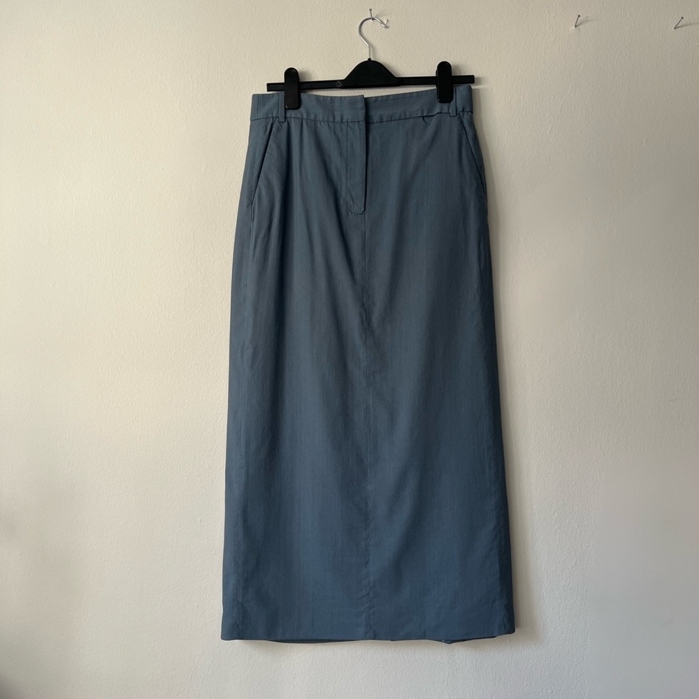 TIBI blue tropical wool pencil with slit.